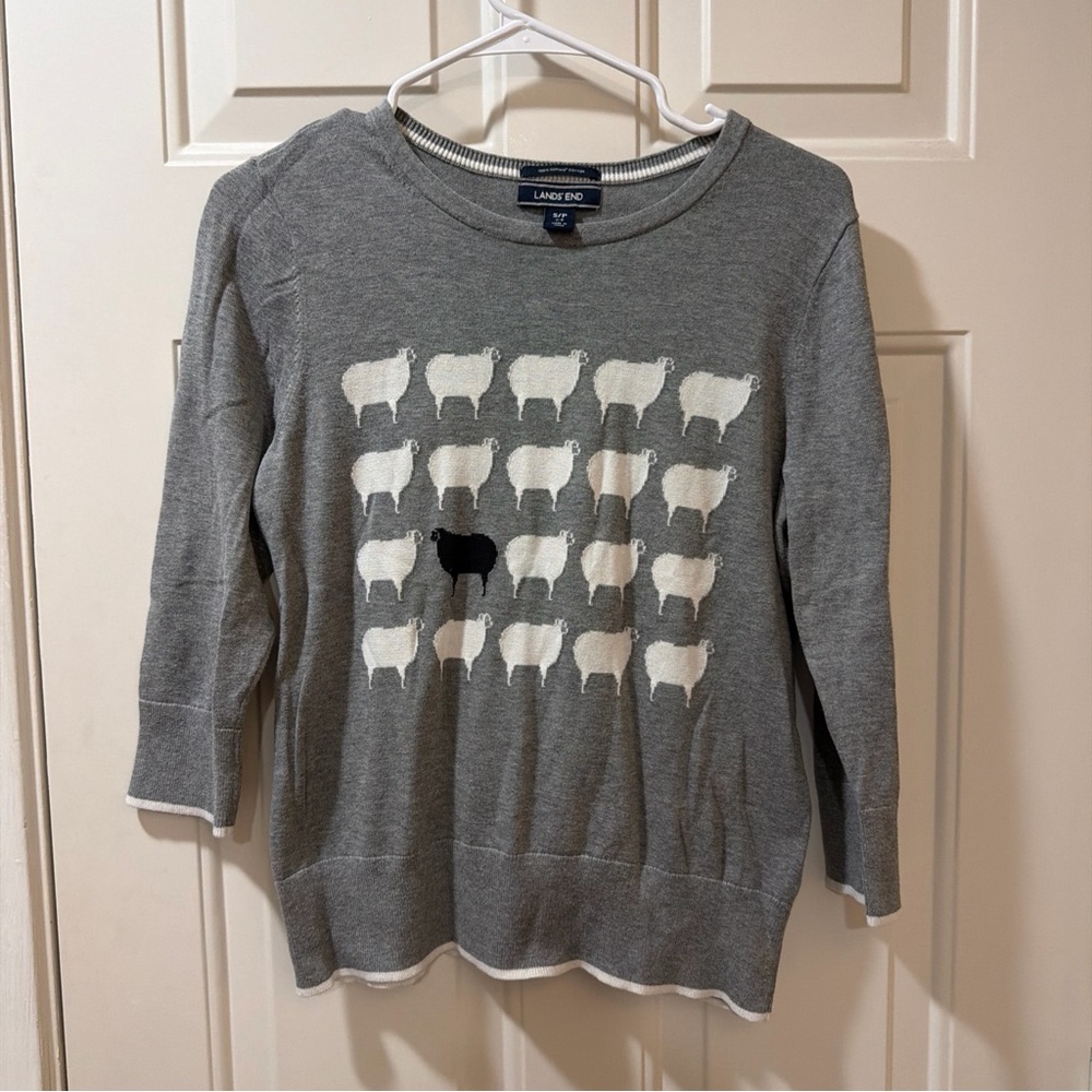 Lands End Black Sheep Sweater Large Grey Cotton Princess Diana 3/4 Sleeve